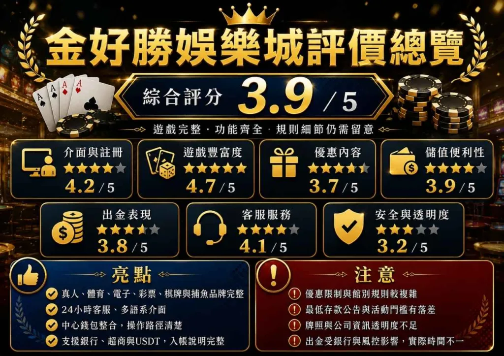 2026金好勝娛樂城評價|遊戲種類、優惠、儲值出金與網友口碑完整介紹 1 金好勝娛樂城評價