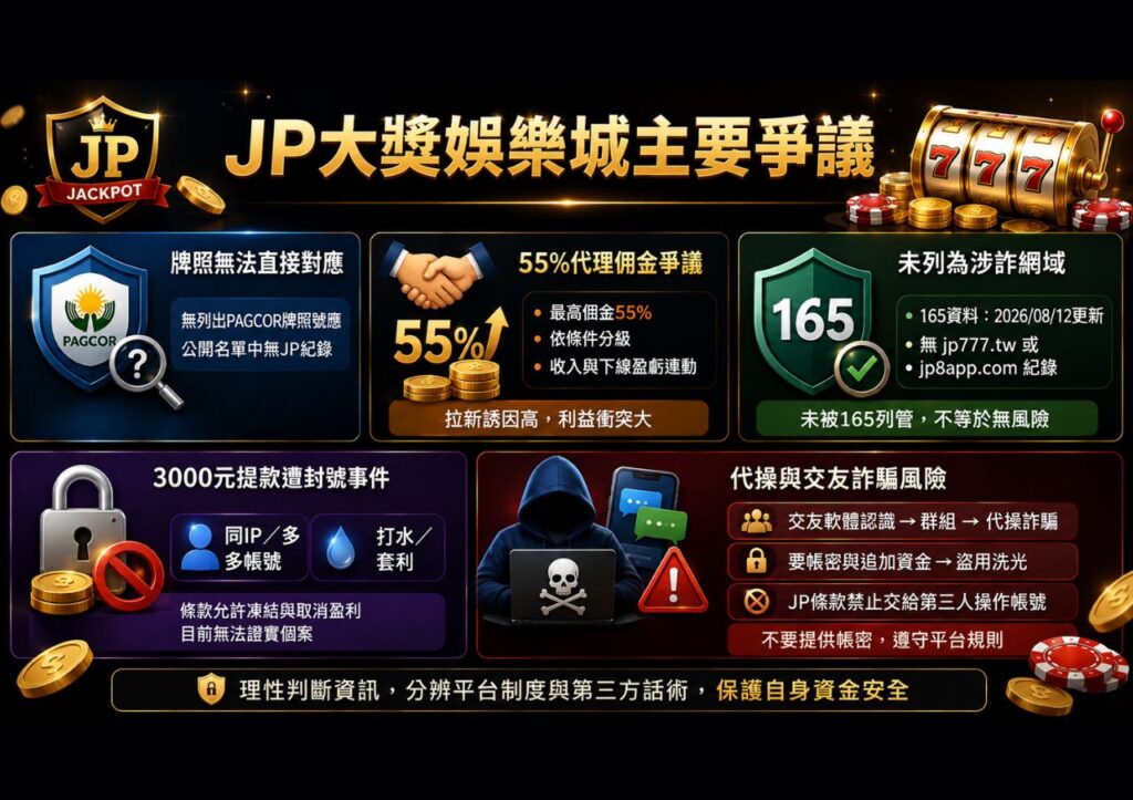 2026 JP大獎娛樂城評價|平台體驗實測、388體驗金、55%代理與牌照爭議完整解析 3 JP大獎娛樂城主要爭議